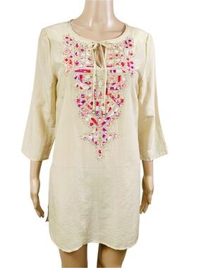 Chico's Cream Tunic with Pink & Fuchsia Embroidery, beads, sequins & patchwork S